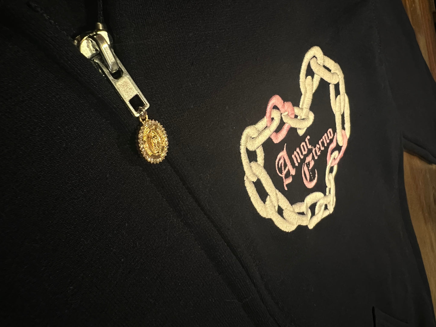 "Amor Eterno" Embroidered Midnight Navy Full Zip Sweater