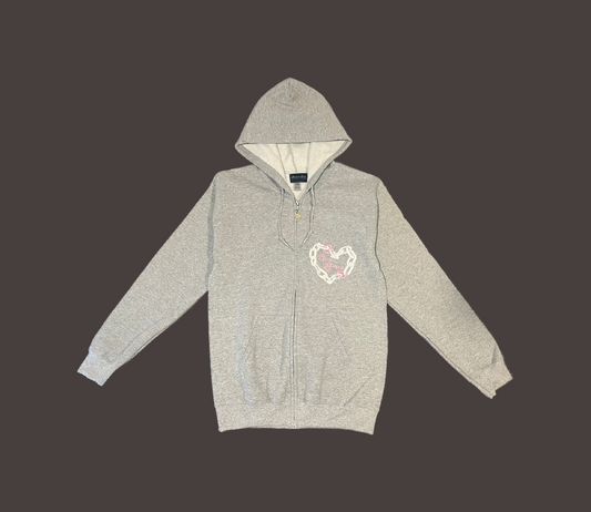 "Amor Eterno" Embroidered Gray Cloud Full Zip Sweater