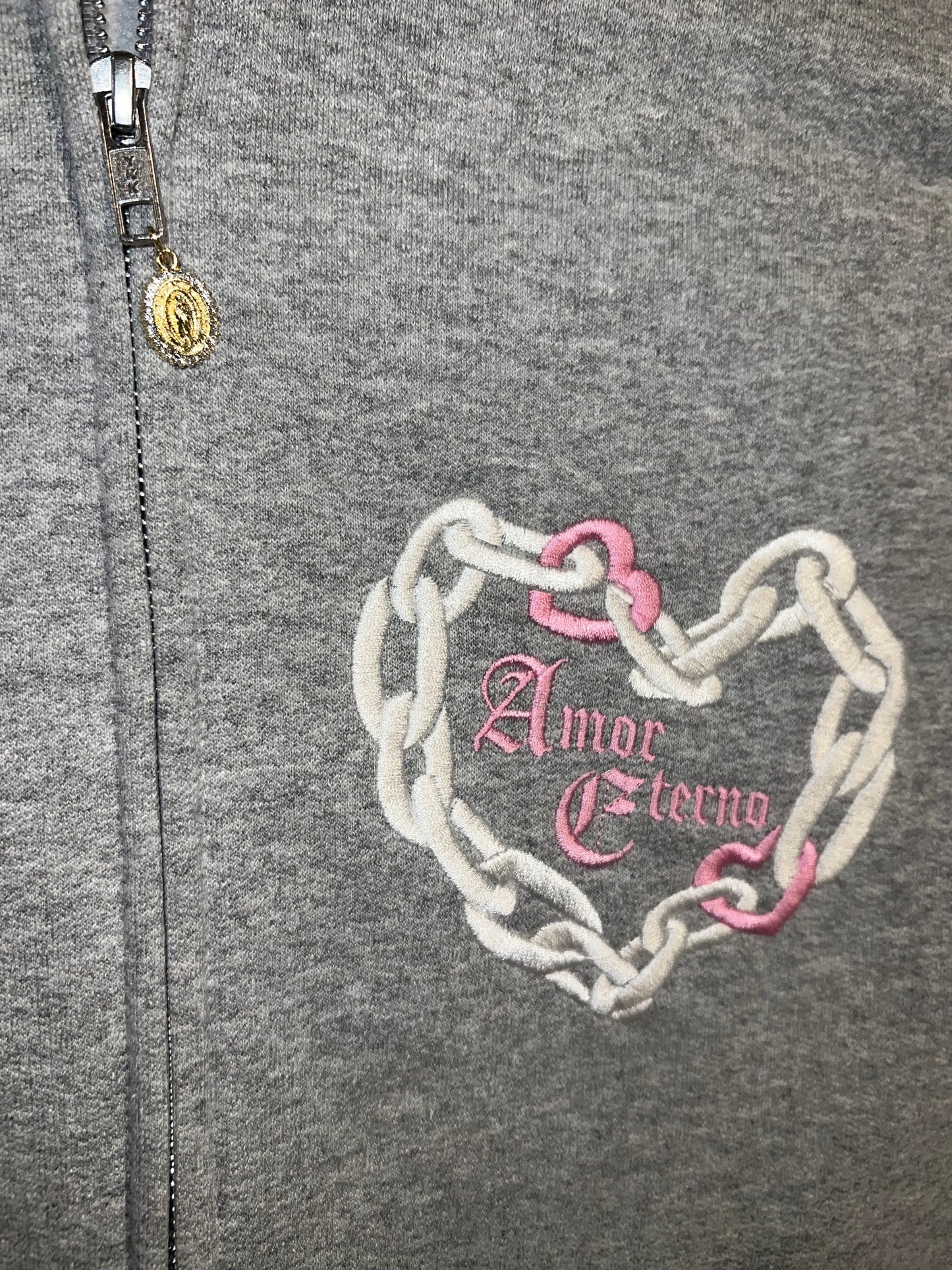 "Amor Eterno" Embroidered Gray Cloud Full Zip Sweater